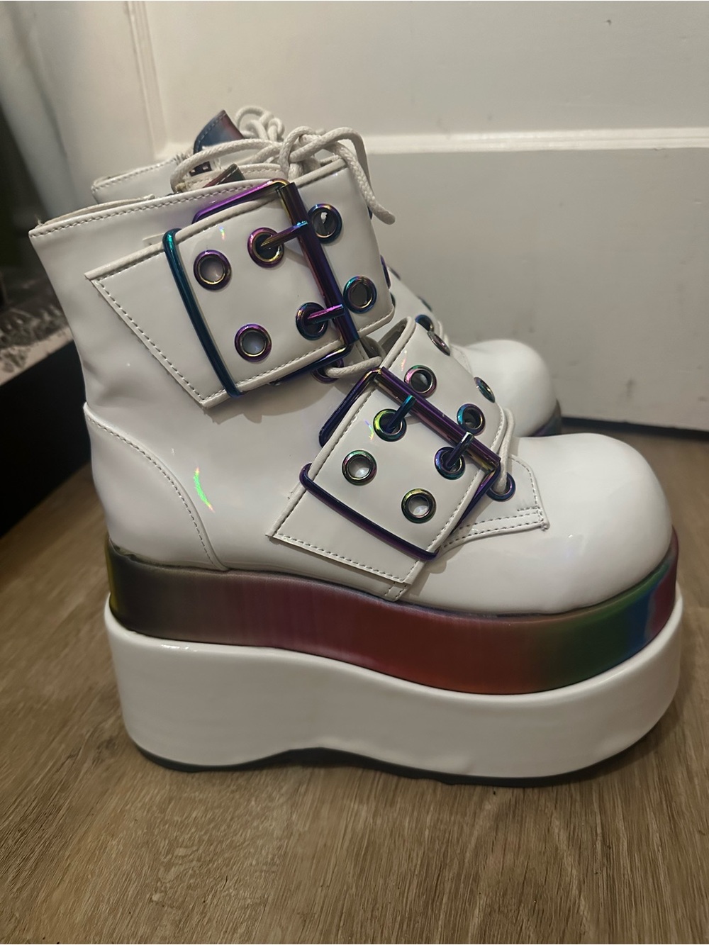 Demonia White Patent Platform Ankle Boots with Iridescent Rainbow Hardware